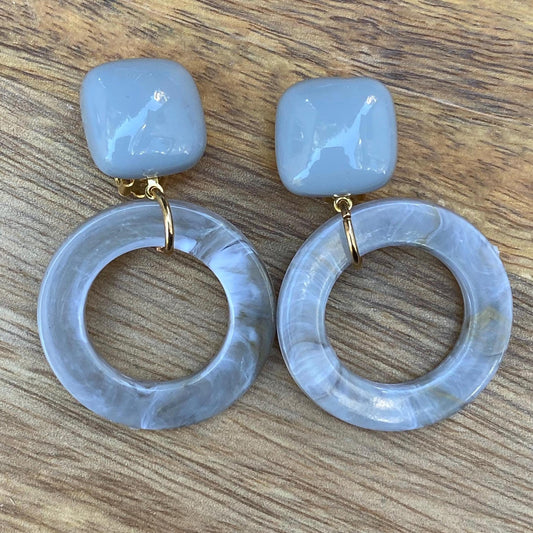 Large clip on grey plastic hoop earrings, modern neutral ear clips