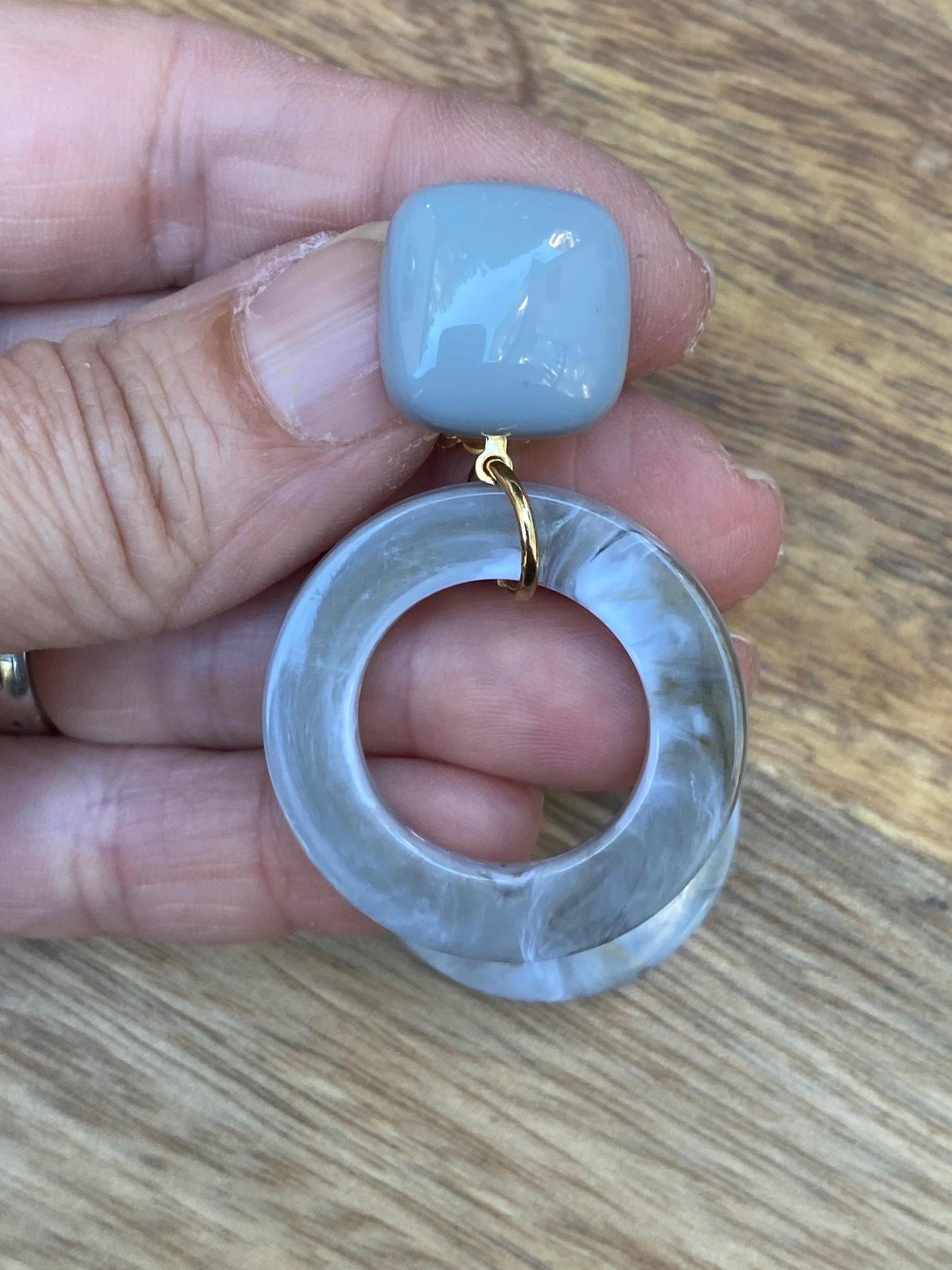 Large clip on grey plastic hoop earrings, modern neutral ear clips