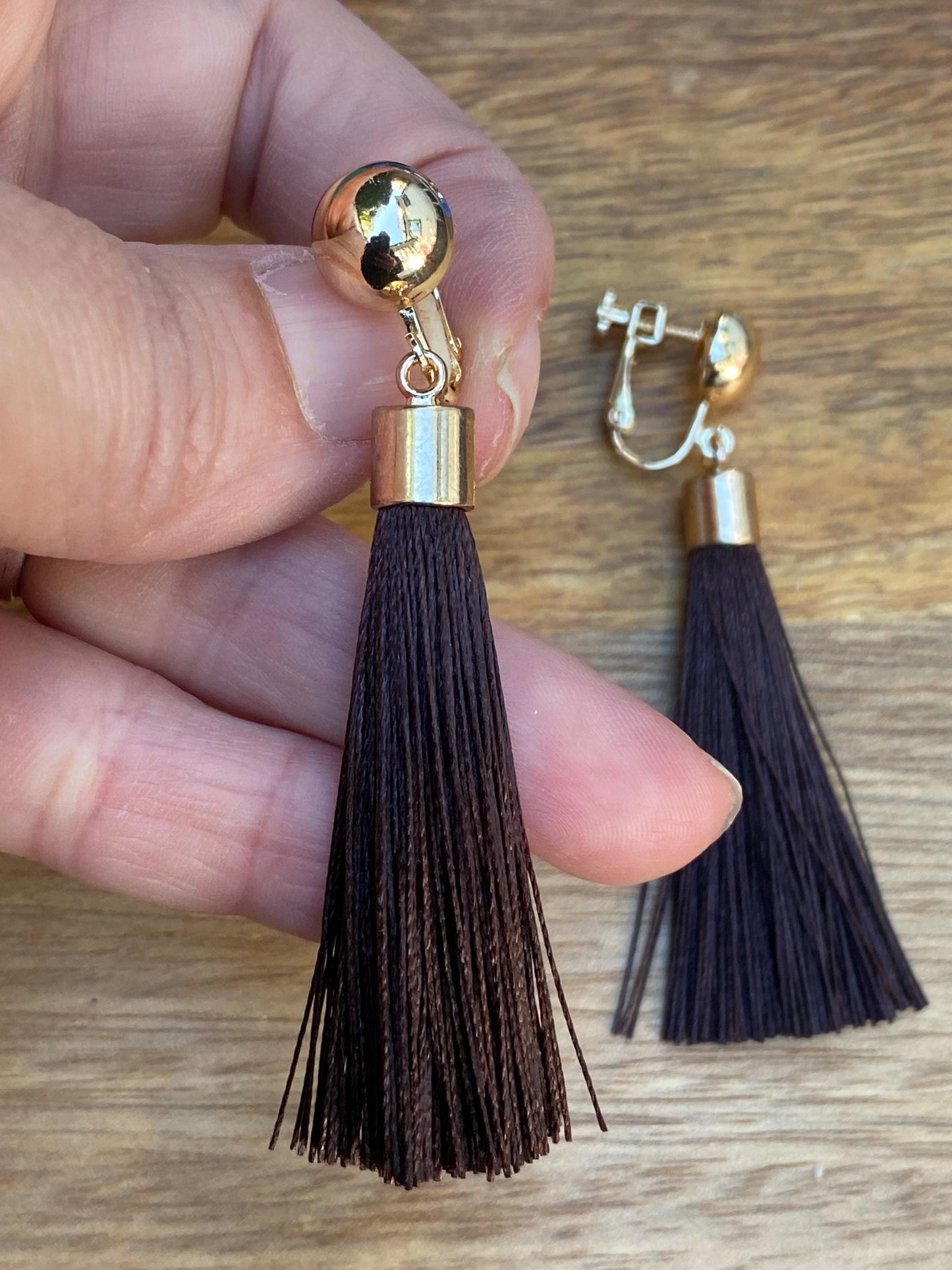 Clip on silk tassel earrings, boho earrings with screwback closures for unpierced ears