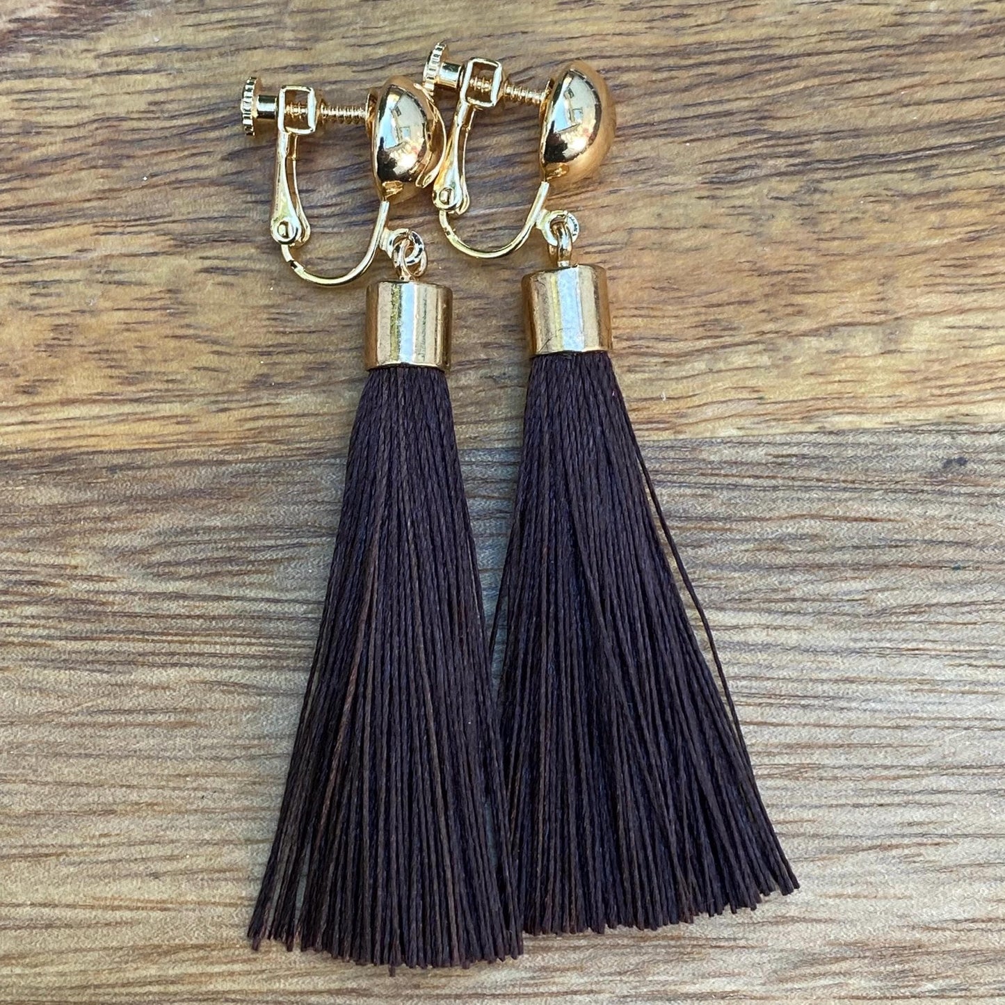 Clip on silk tassel earrings, boho earrings with screwback closures for unpierced ears