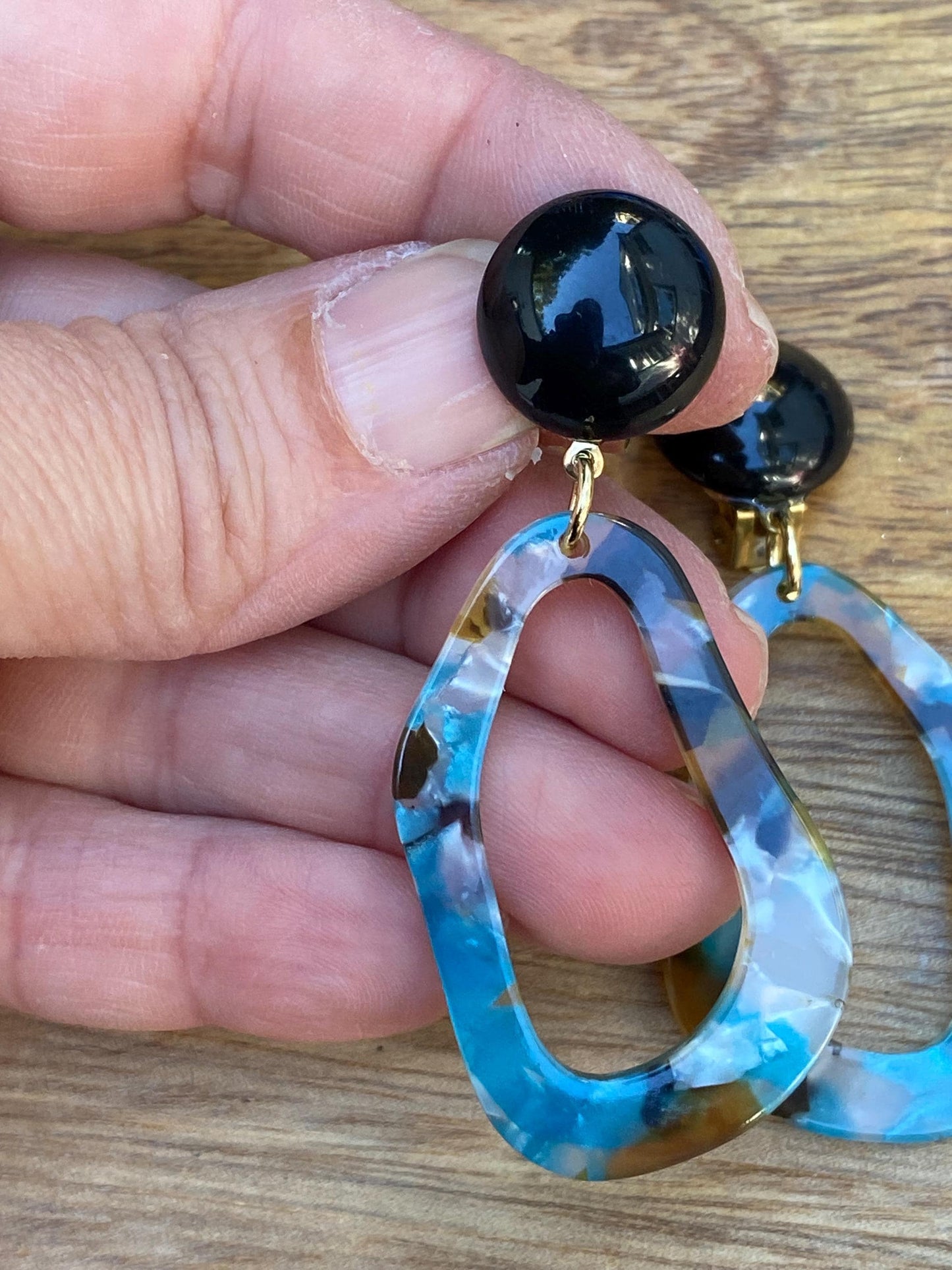 Clip on dangling blue tortoiseshell earrings