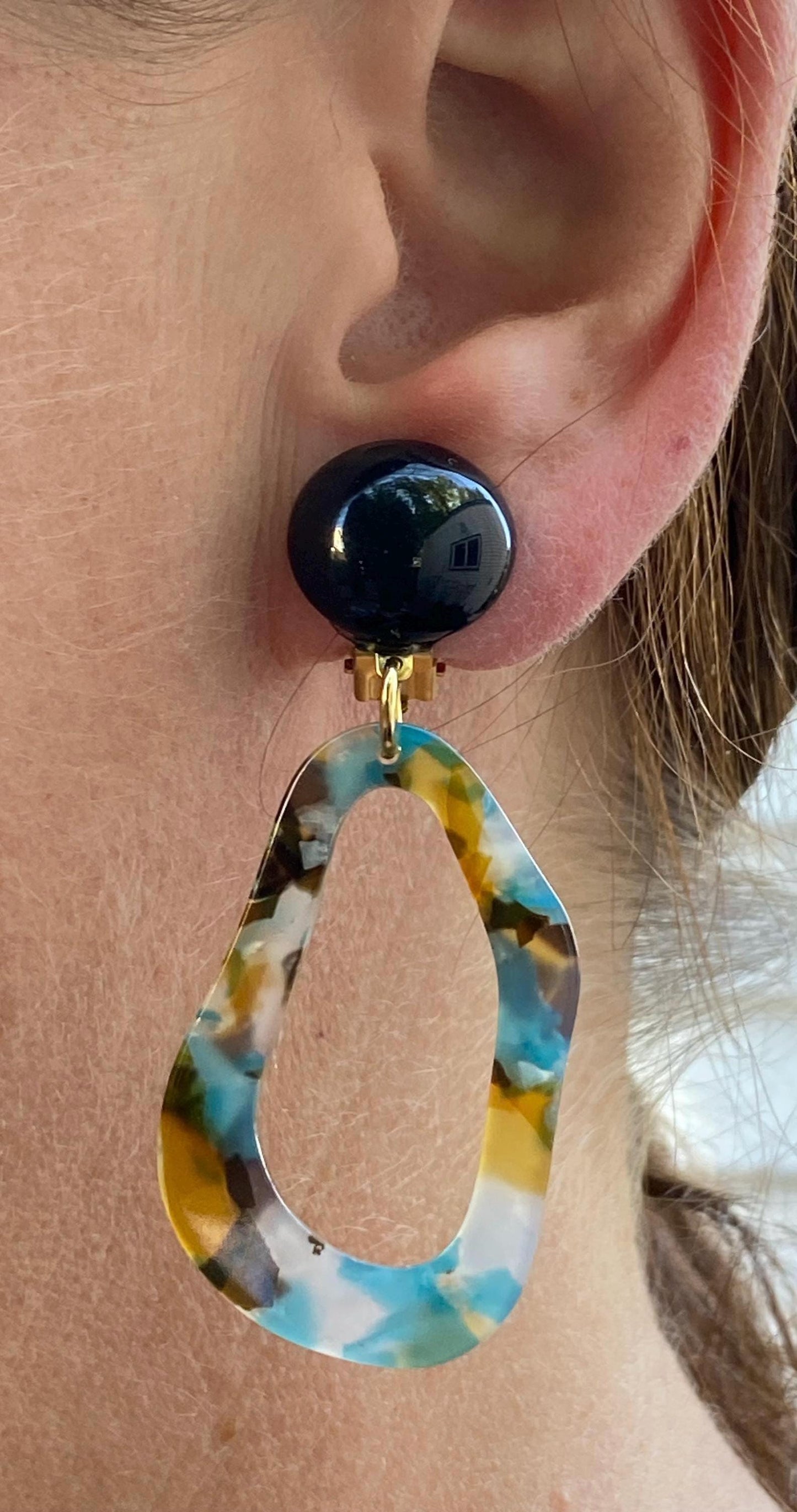 Clip on dangling blue tortoiseshell earrings