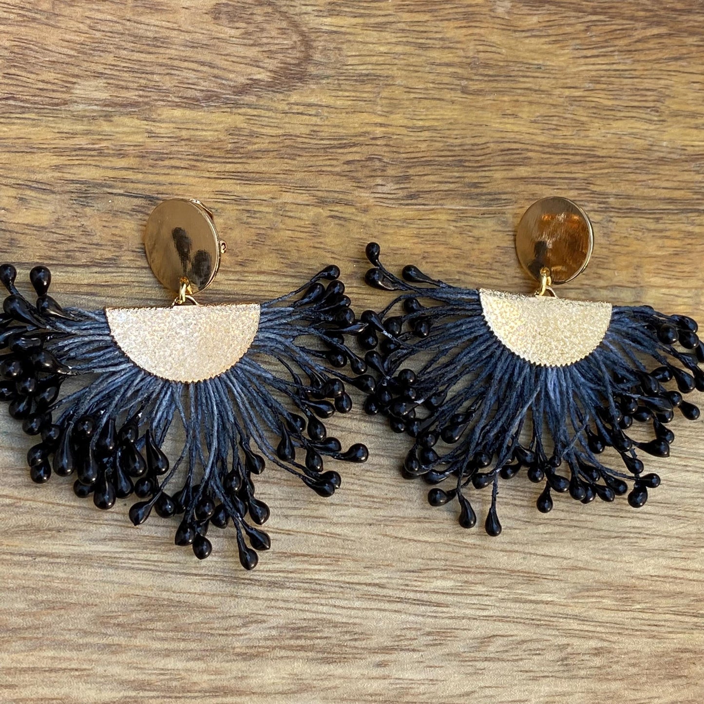 Statement clip on earrings, dangling fan-shaped boho earrings, large ear clips