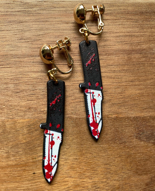 Large bloody knife clip on earrings, Halloween earrings, novelty accessories (hinged screw on closures)