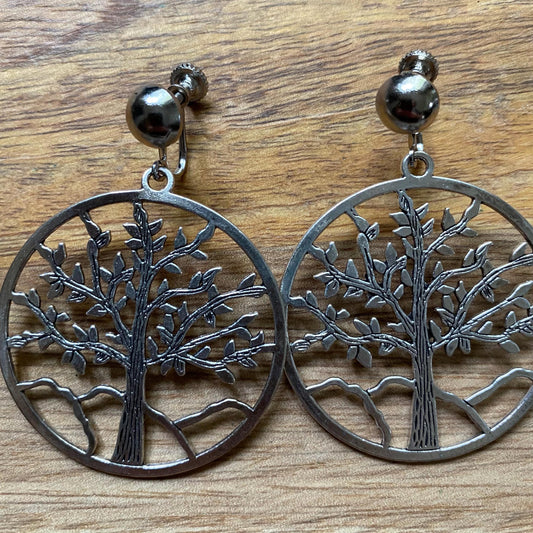 Dangling tree of life clip on earrings, large screwback earrings