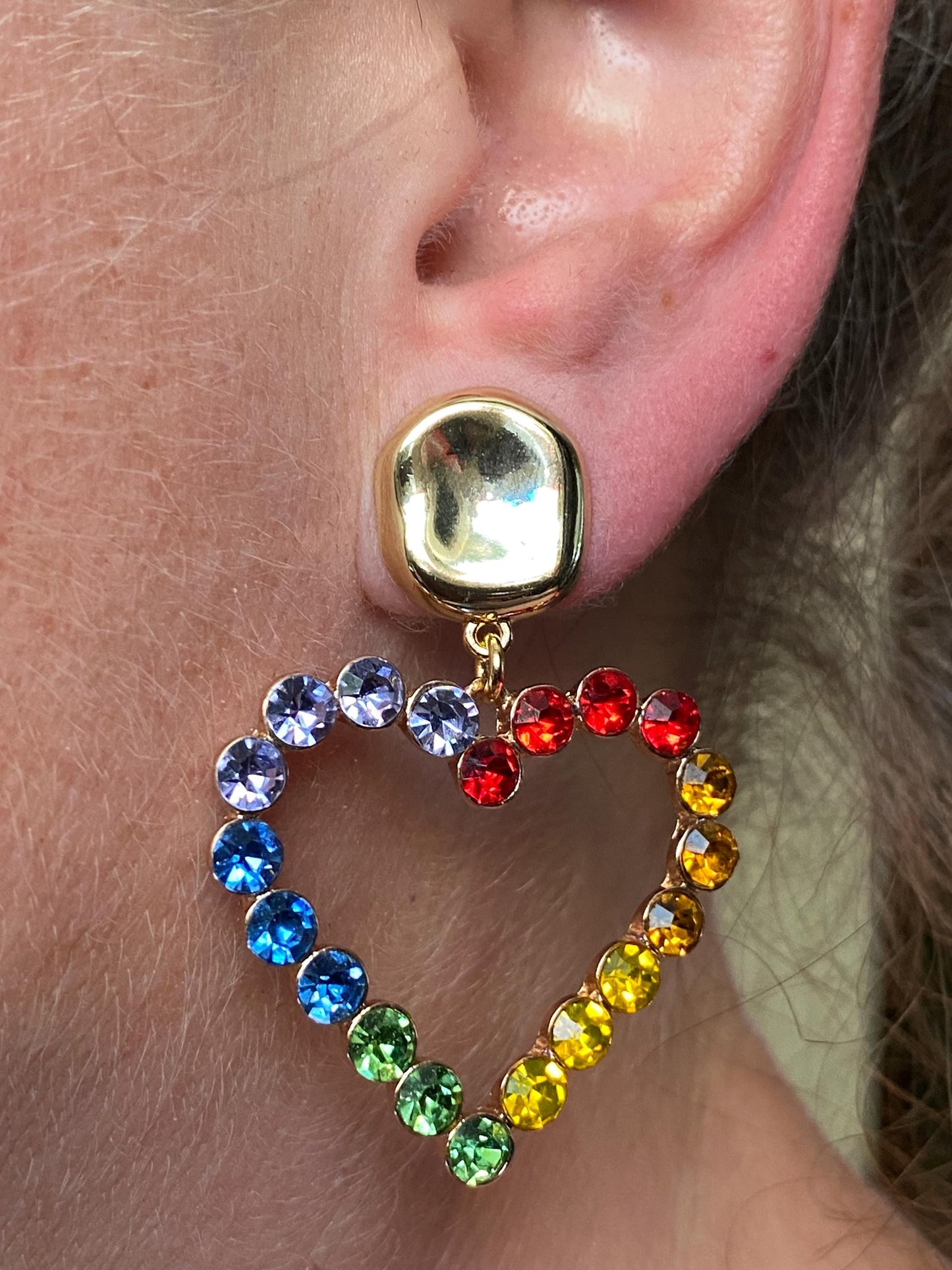 Rainbow clip on rhinestone heart earrings, dangling  hoops