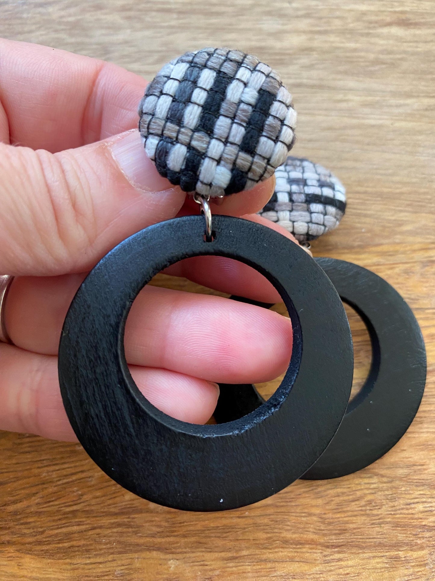 Extra Large dangling fabric button and wooden hoop clip on earrings, dangling bold wooden hoop earrings