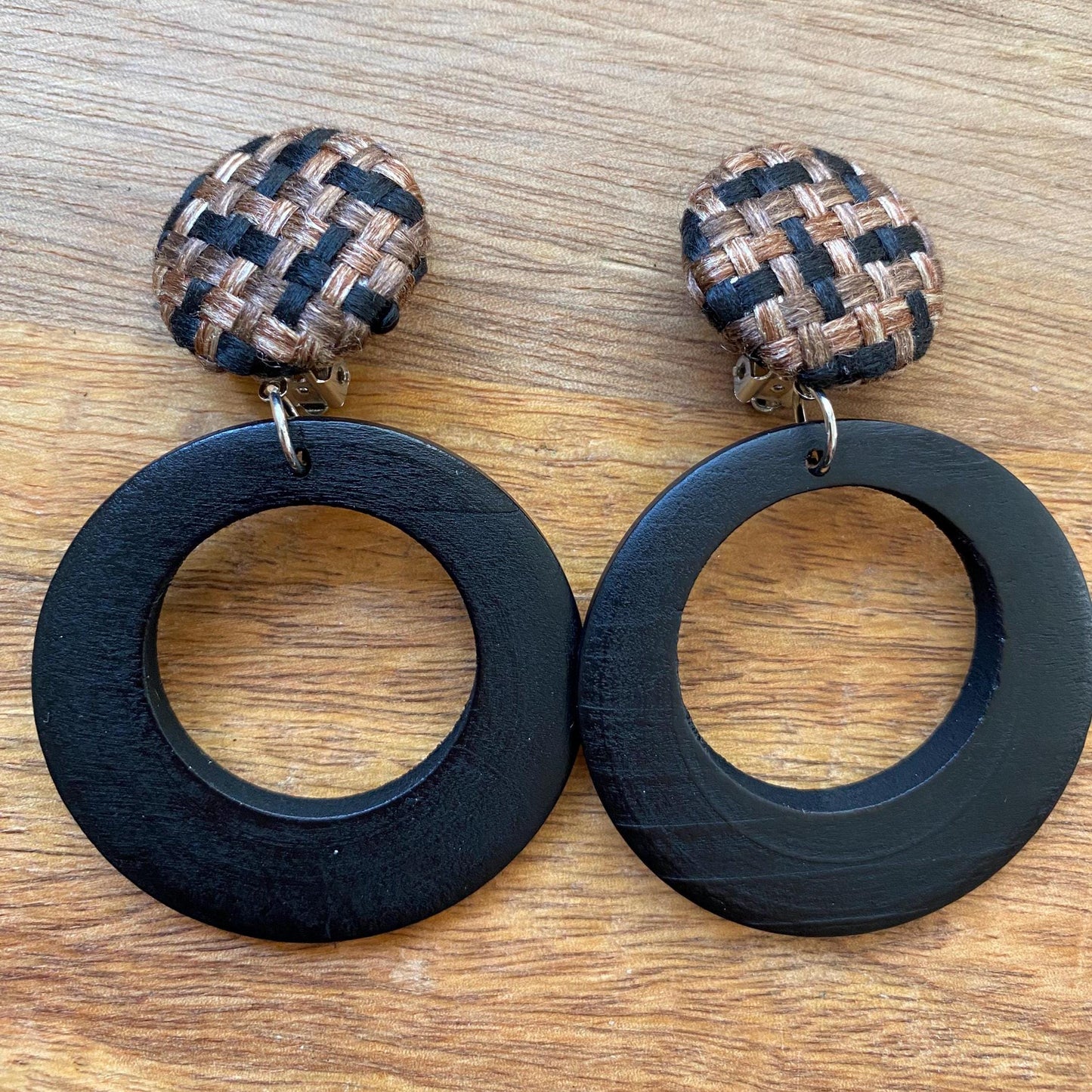 Extra Large dangling fabric button and wooden hoop clip on earrings, dangling bold wooden hoop earrings