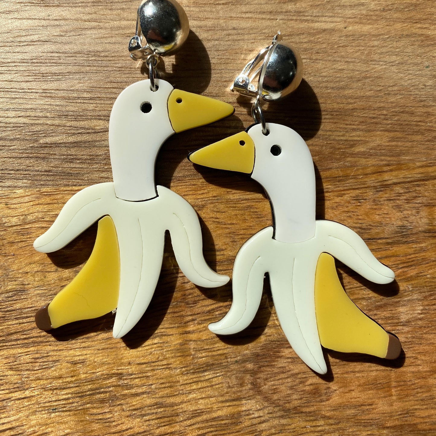 Plastic dangling banana/ bird clip on earrings,  no pierce duck/banana earrings, funny clip on earrings