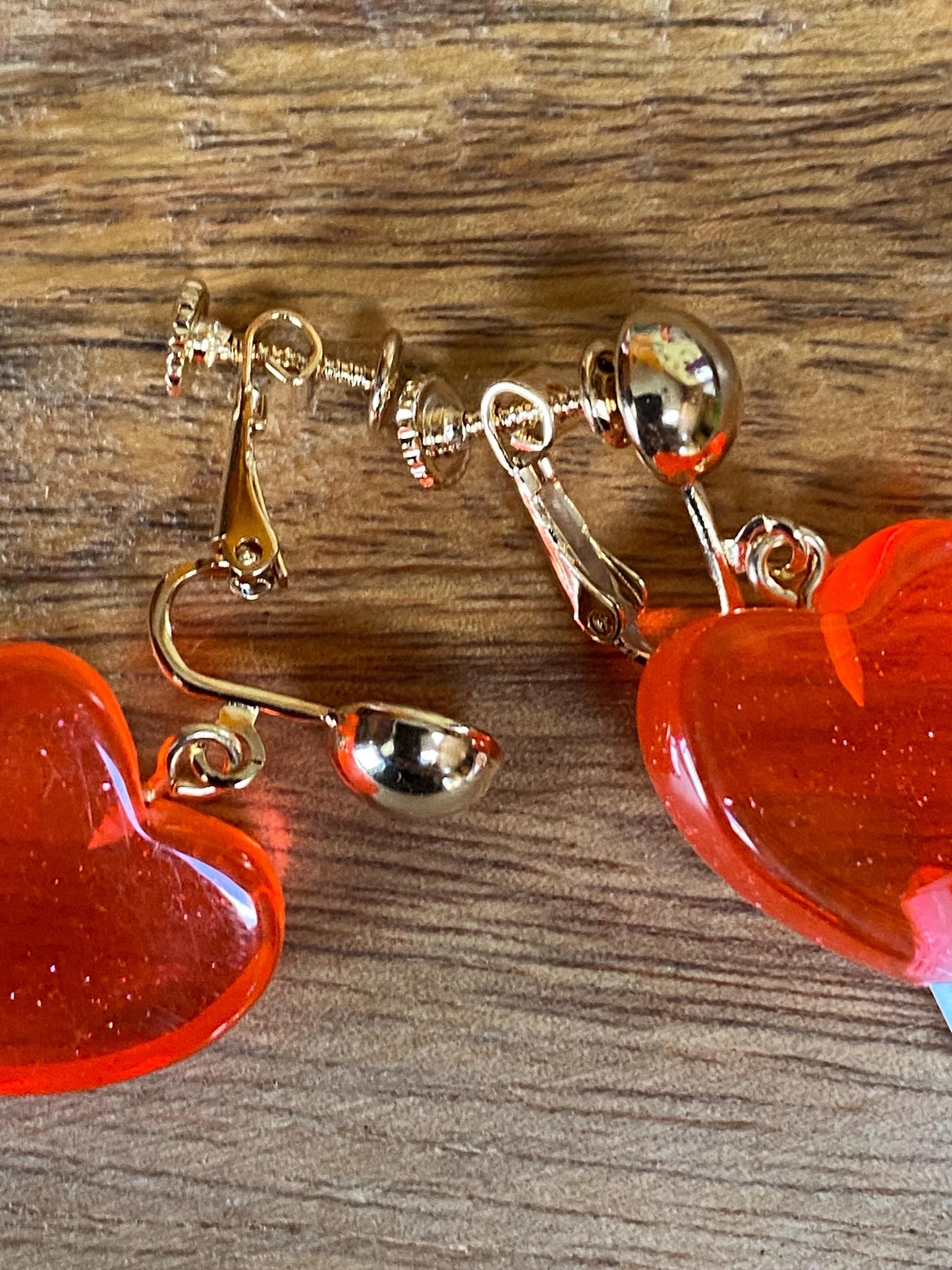 Dangling lollipop clip on earrings,  plastic heart  lollipop earrings with hinged screwback closures.