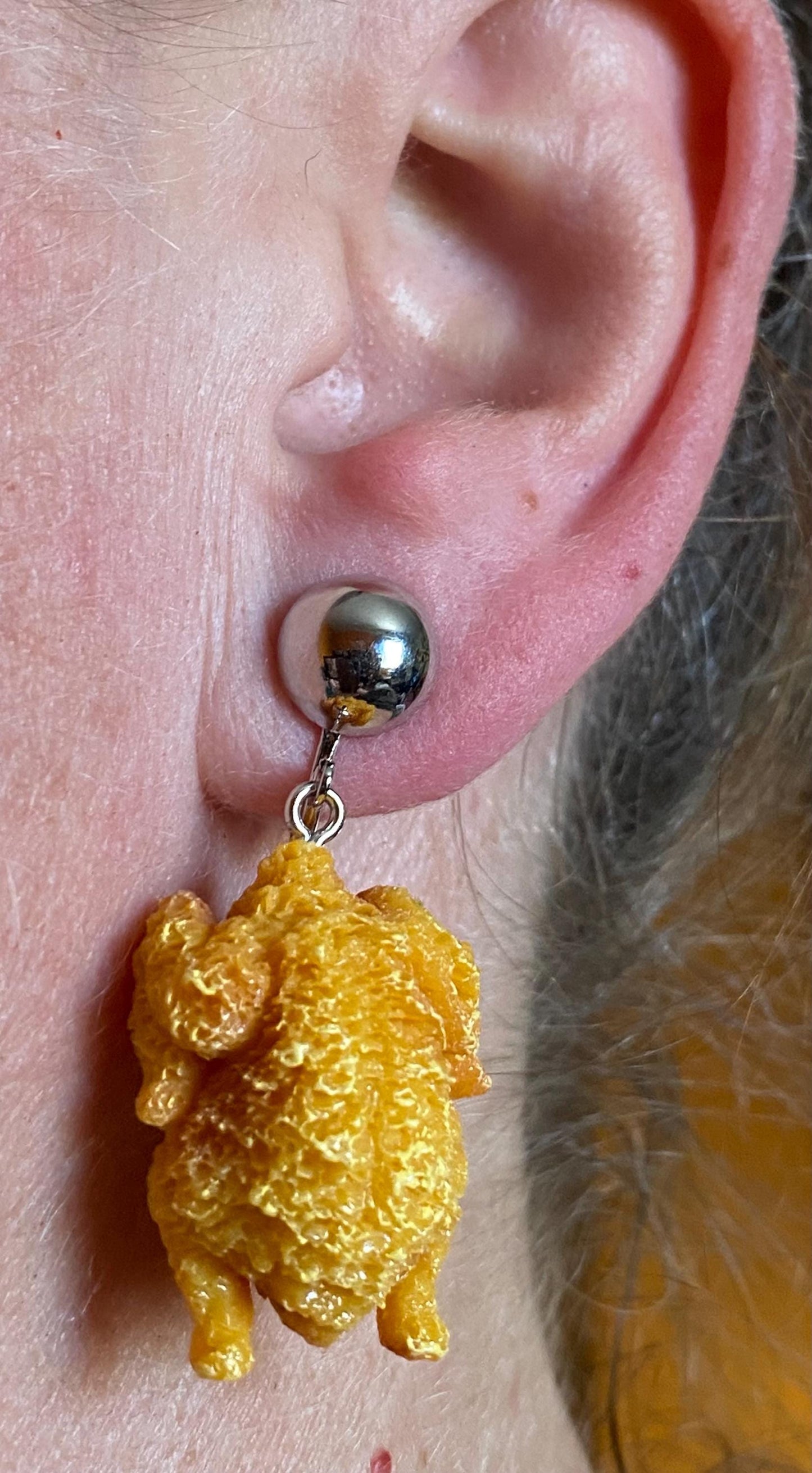 Dangling fried chicken clip on earrings plastic food earrings