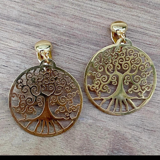 Dangling gold tree of life clip on earrings, large clip on earrings with golden tree pendants