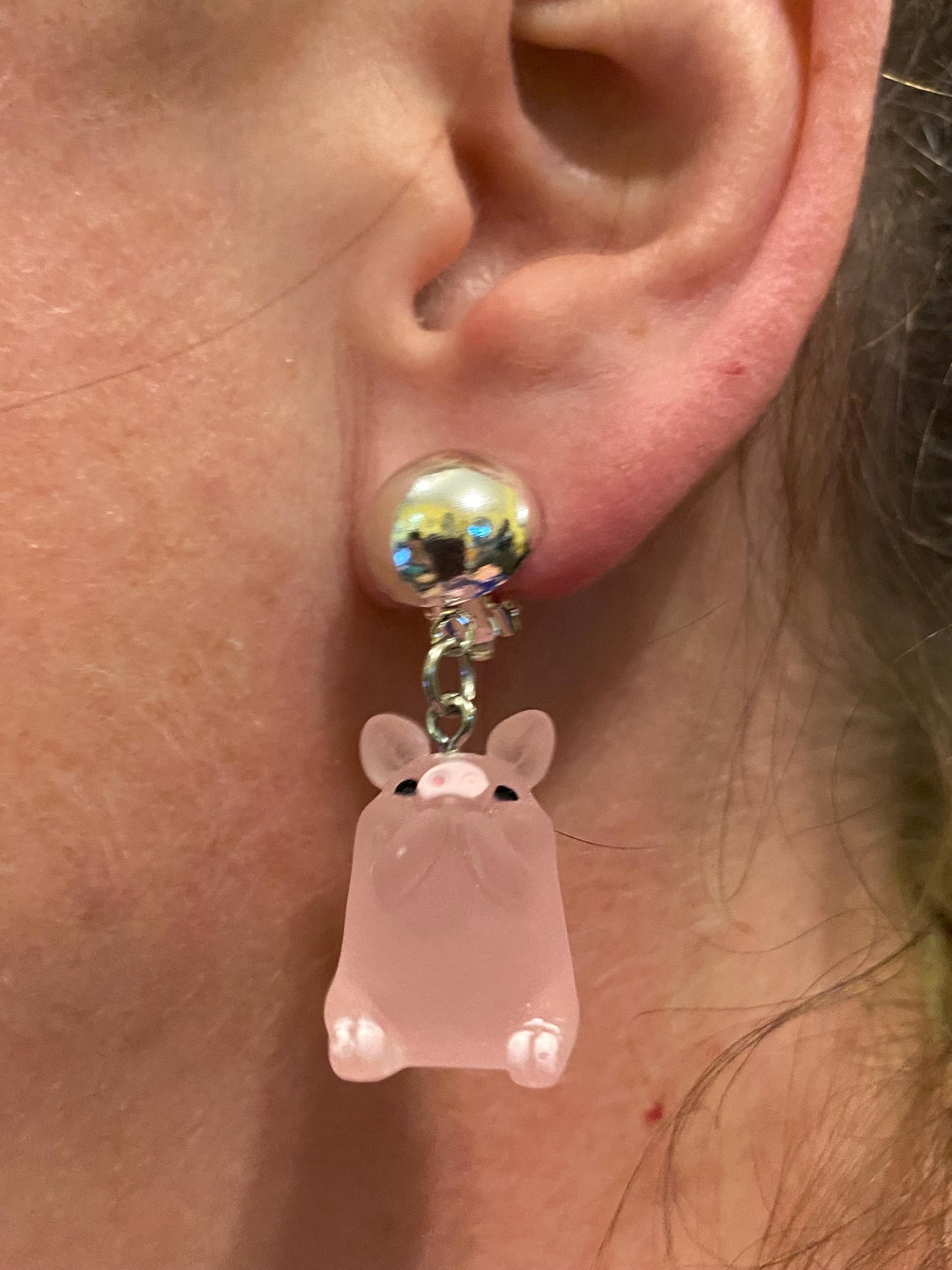 Dangling plastic 3D yoga pig clip on earrings, dangle piggy earrings