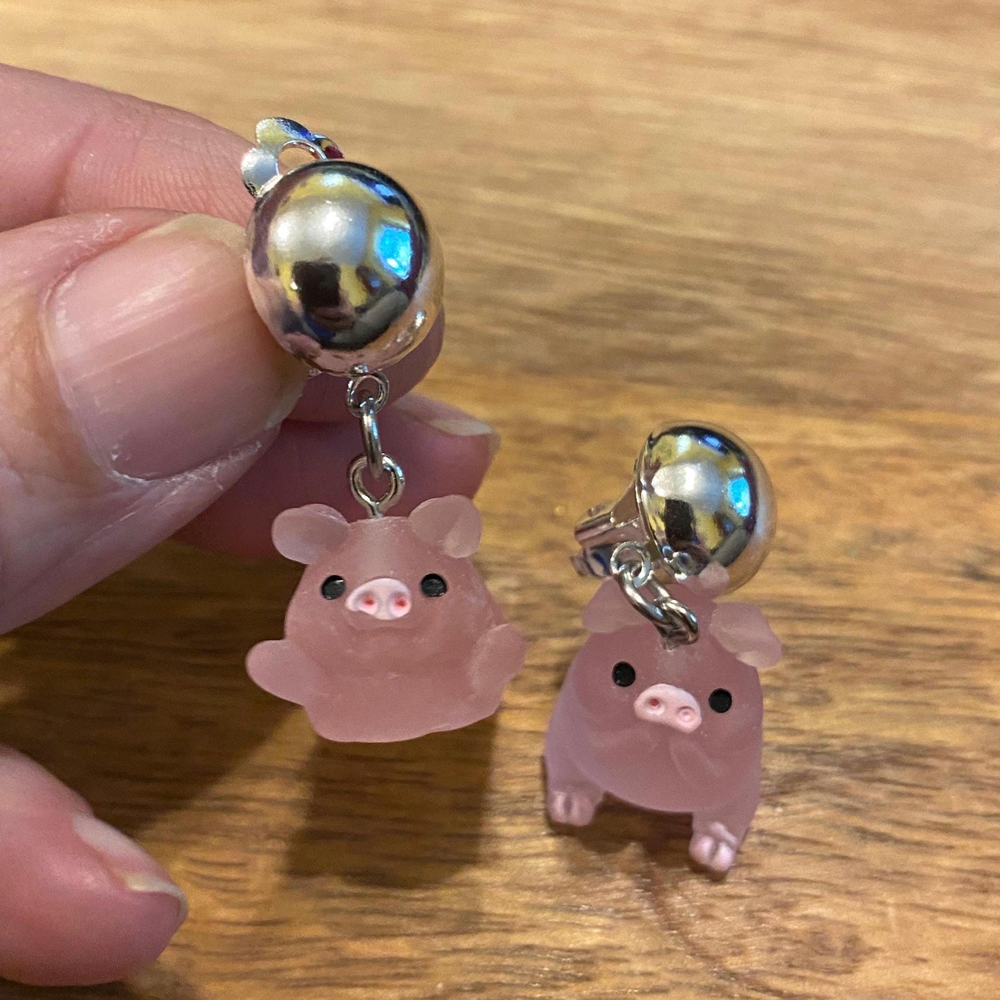 Dangling plastic 3D yoga pig clip on earrings, dangle piggy earrings