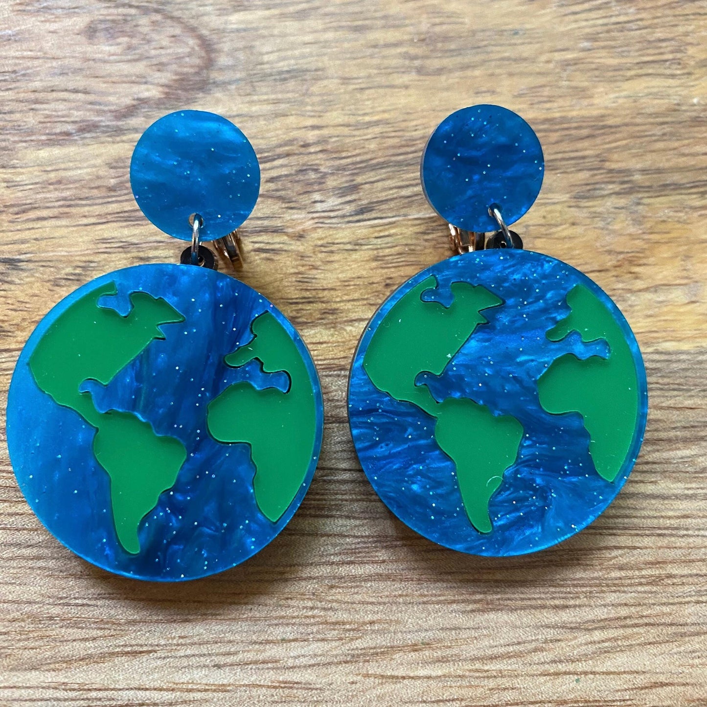 Dangling planet earth clip on earrings, screwback planet earrings