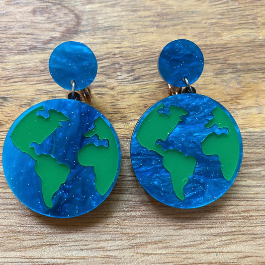 Dangling planet earth clip on earrings, screwback planet earrings