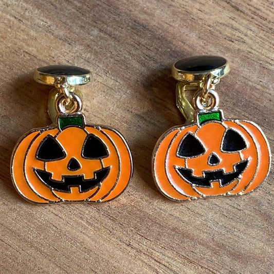 Halloween jack-o-lantern enamel pendant clip on earrings