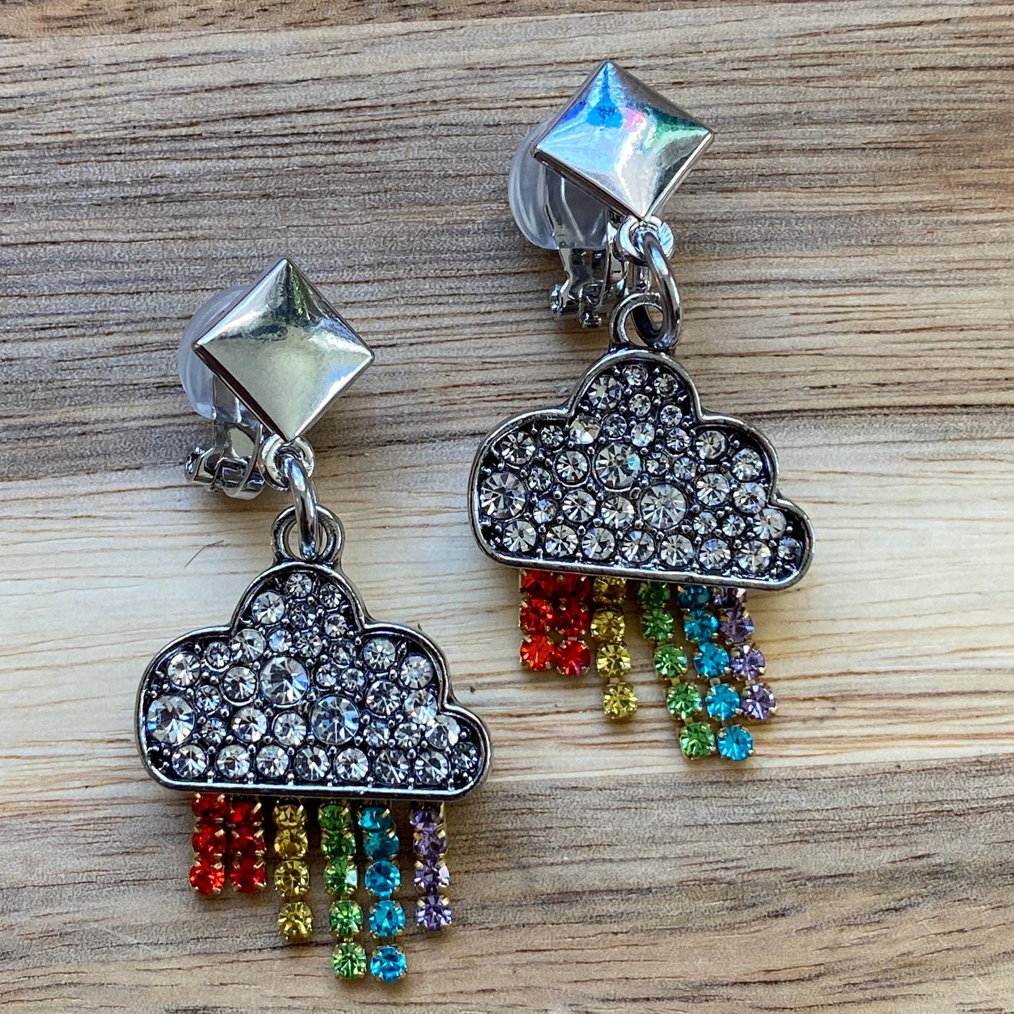 Dangling rhinestone thunderstorm clip on earrings, multicoloured rhinestone earrings for unpierced ears, clouds and rainbow earrings