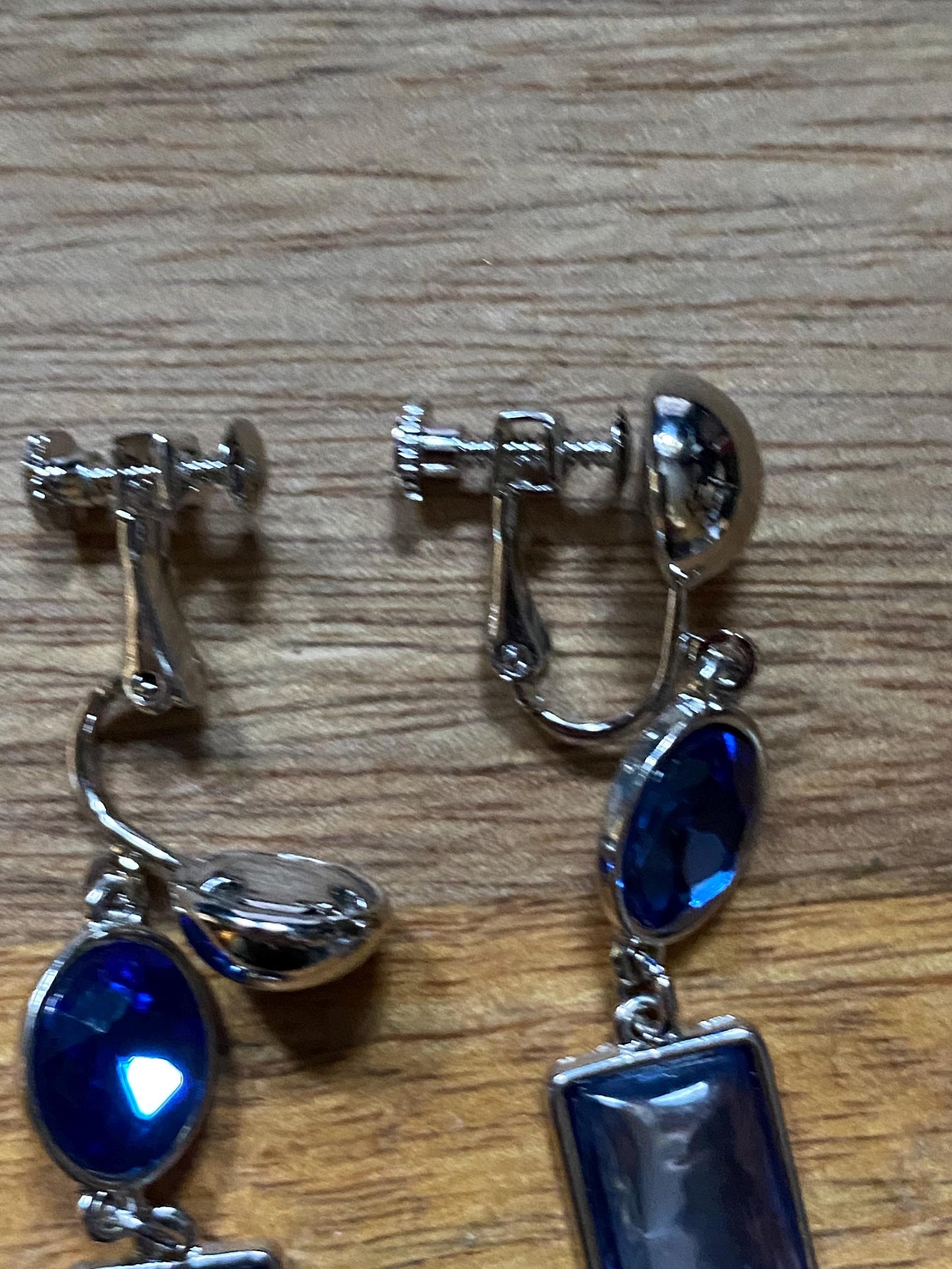 Dangling geometric blue clip on rhinestone earrings, glass earrings with hinge screwback closures