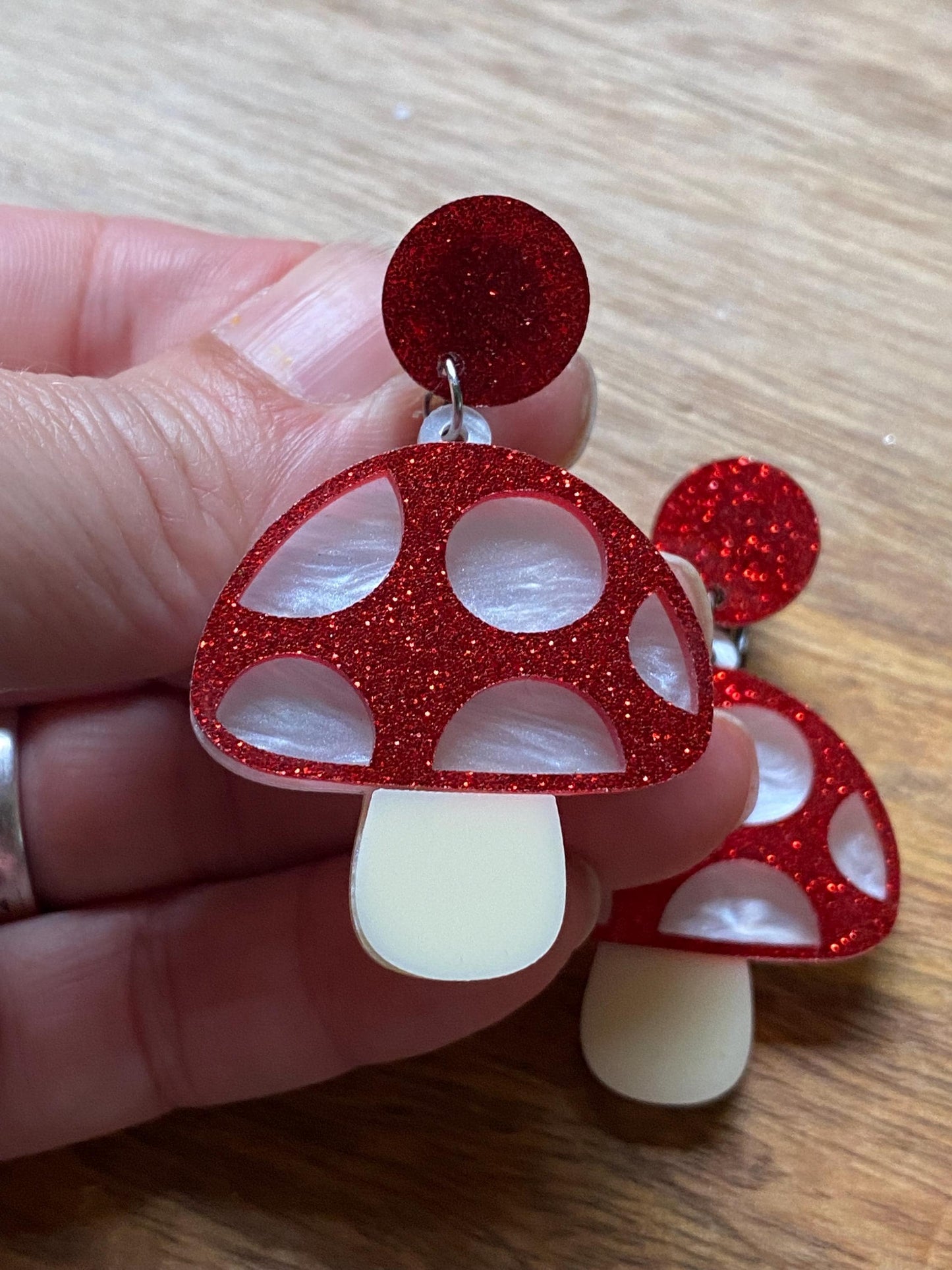 Giant Dangling red mushroom glitter clip on earrings