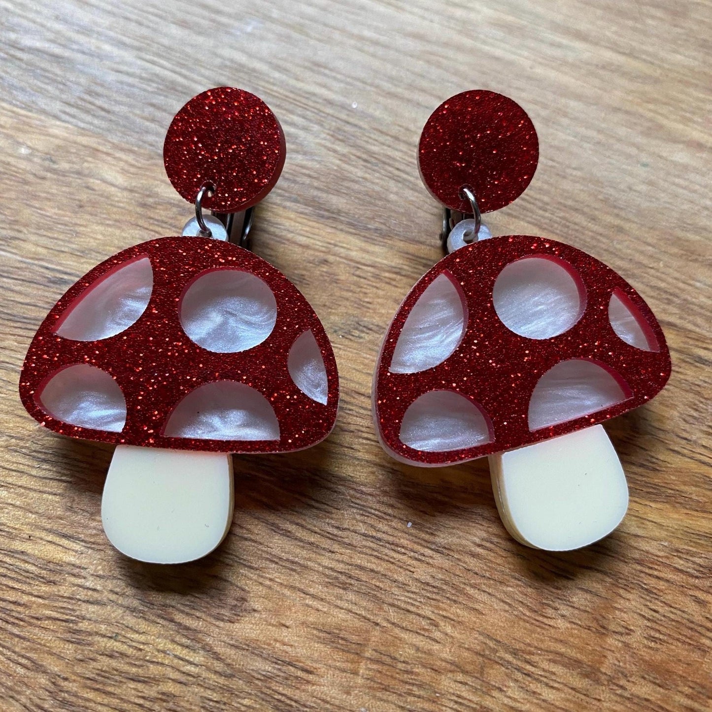 Giant Dangling red mushroom glitter clip on earrings