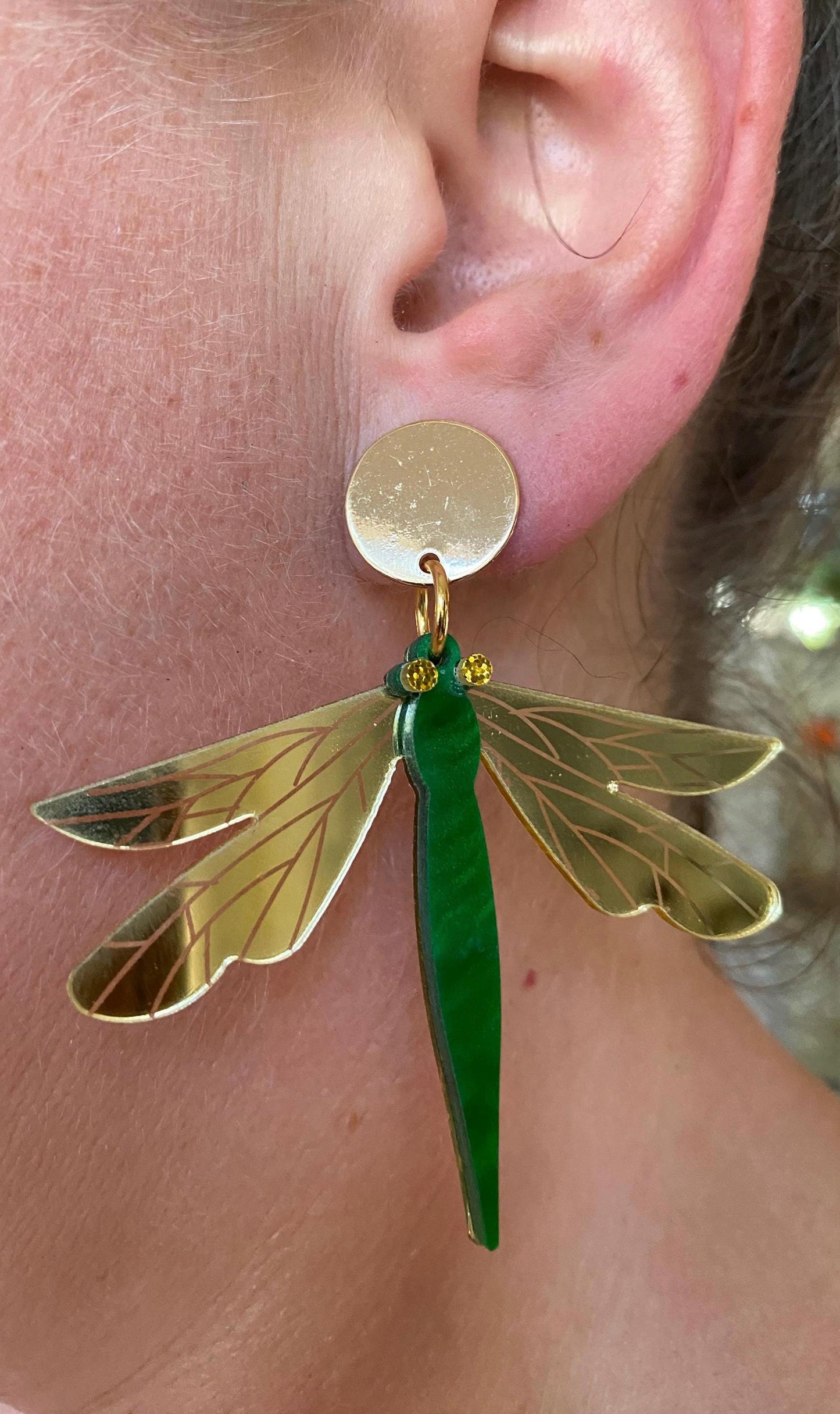 Giant Dangling dragonfly glittery clip on earrings (screw on|screwback)