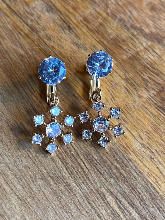 Dangling clip on rhinestone snowflake clip on earrings, hinged screwback dangle winter earrings for unpierced ears