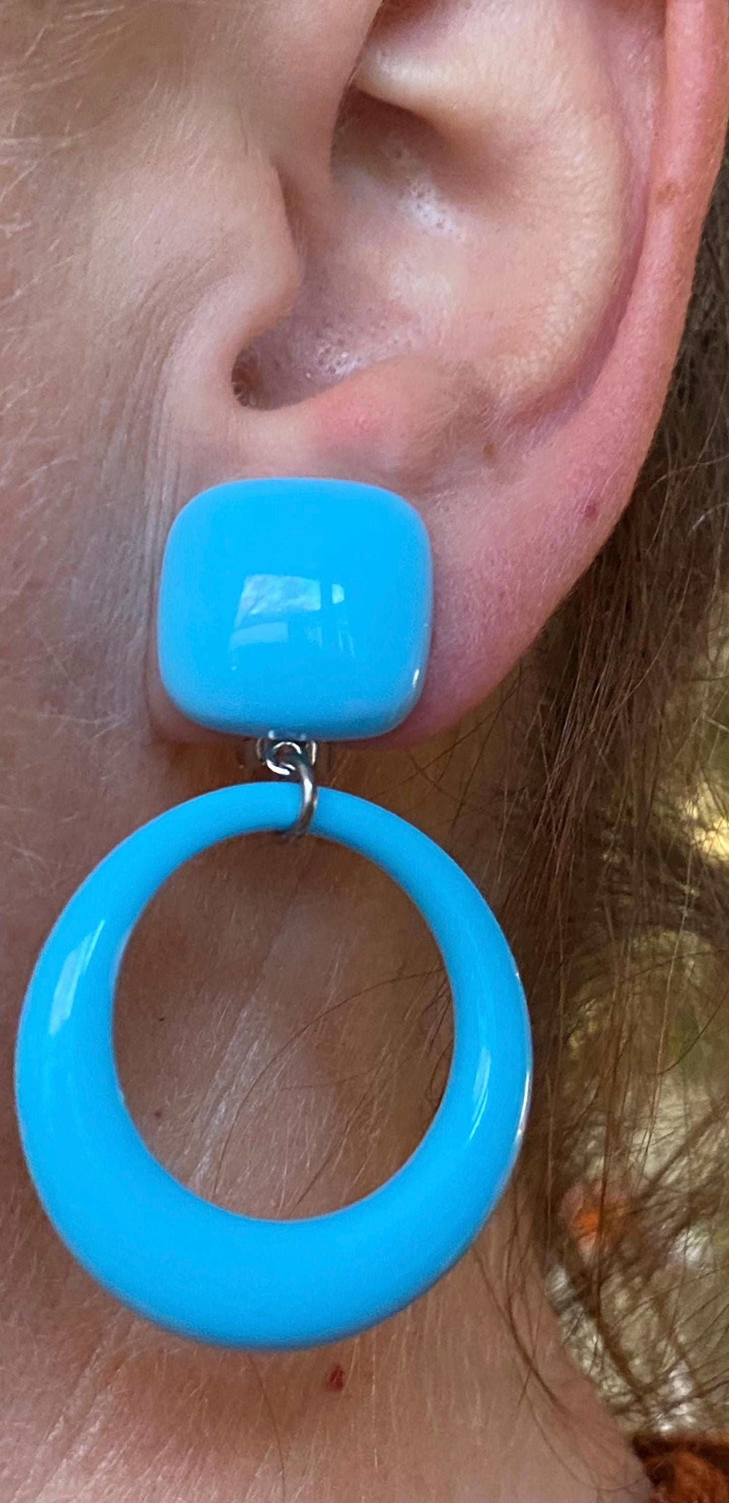 Trendy dangling blue drop hoop clip on earrings, dangling handmade earrings, modern clip on earrings for unpierced ears