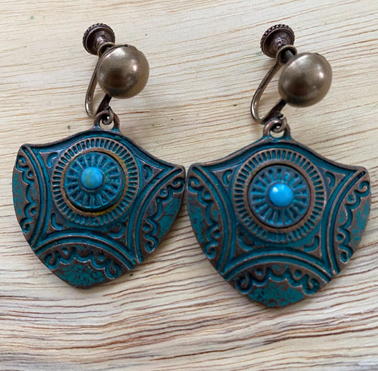 Dangling bronze clip on earrings, dangling turquoise patina pendant earrings for unpierced ears.