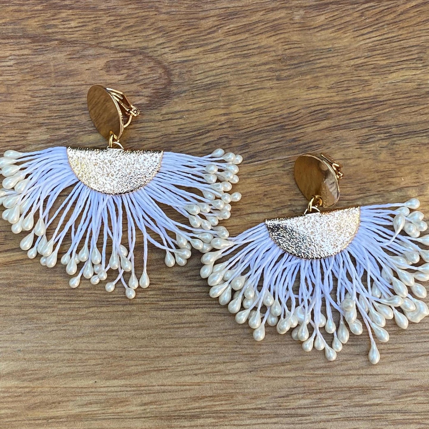 Statement clip on earrings, dangling fan-shaped boho earrings, large ear clips