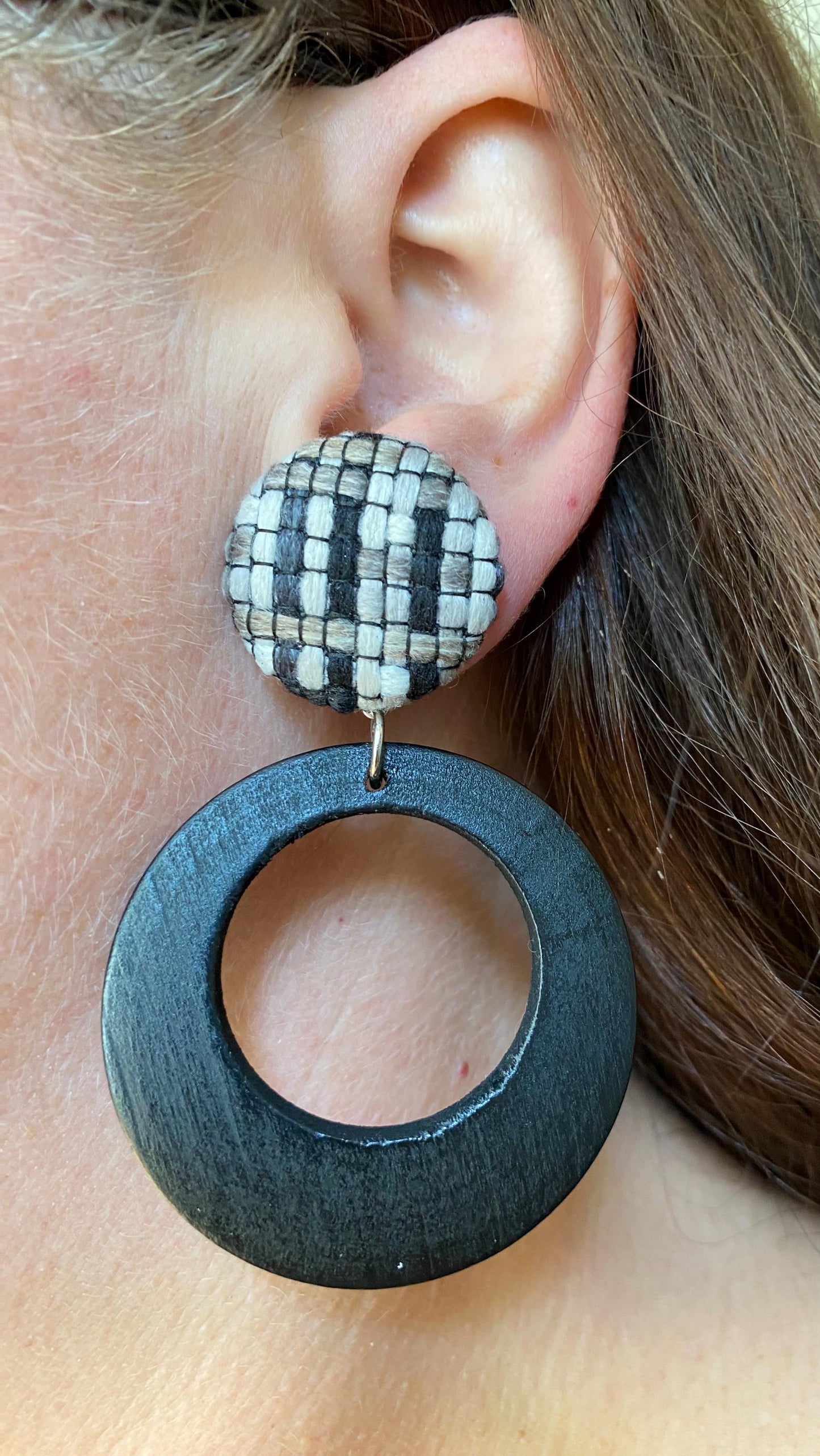 Extra Large dangling fabric button and wooden hoop clip on earrings, dangling bold wooden hoop earrings