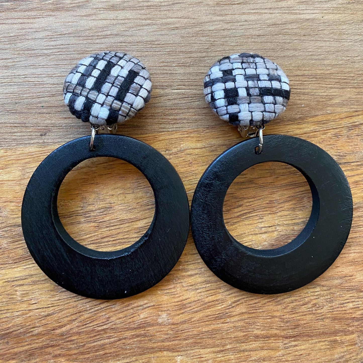 Extra Large dangling fabric button and wooden hoop clip on earrings, dangling bold wooden hoop earrings