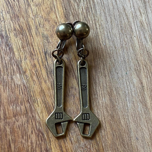 Simple Wrench Dangling clip on earrings, novelty hinged screwback earrings