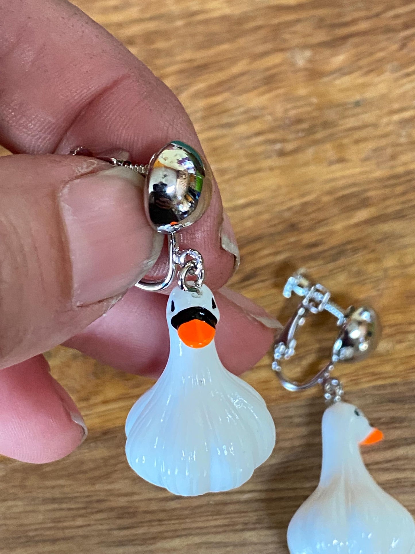 Plastic dangling goose/ garlic clip on earrings,  no pierce goose earrings, funny clip on earrings