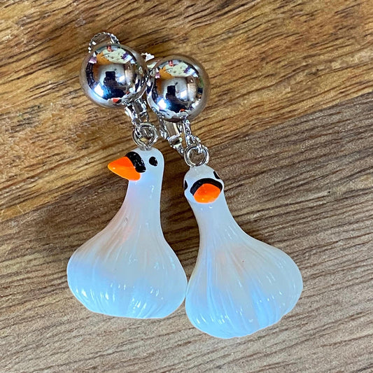 Plastic dangling goose/ garlic clip on earrings,  no pierce goose earrings, funny clip on earrings