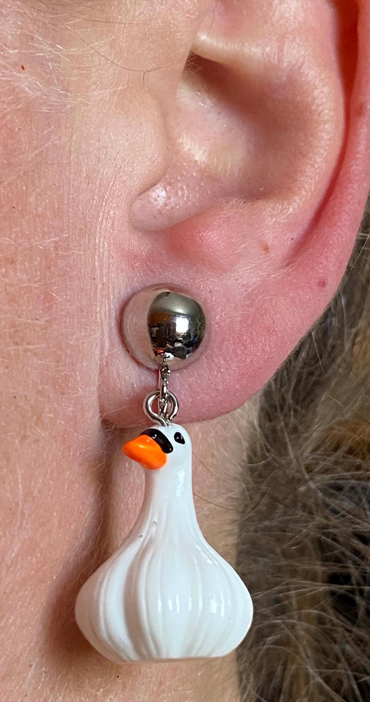 Plastic dangling goose/ garlic clip on earrings,  no pierce goose earrings, funny clip on earrings