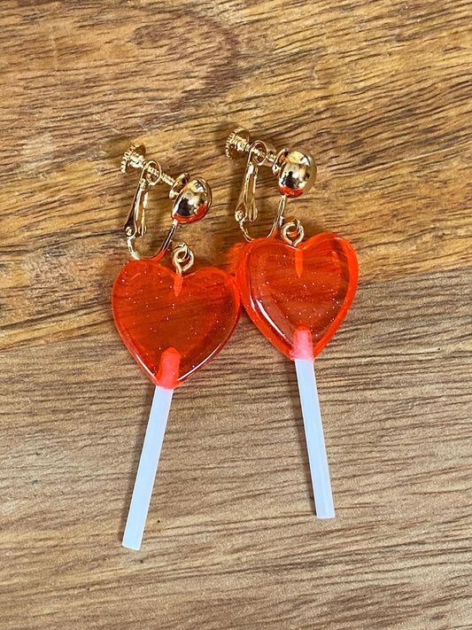 Dangling lollipop clip on earrings,  plastic heart  lollipop earrings with hinged screwback closures.