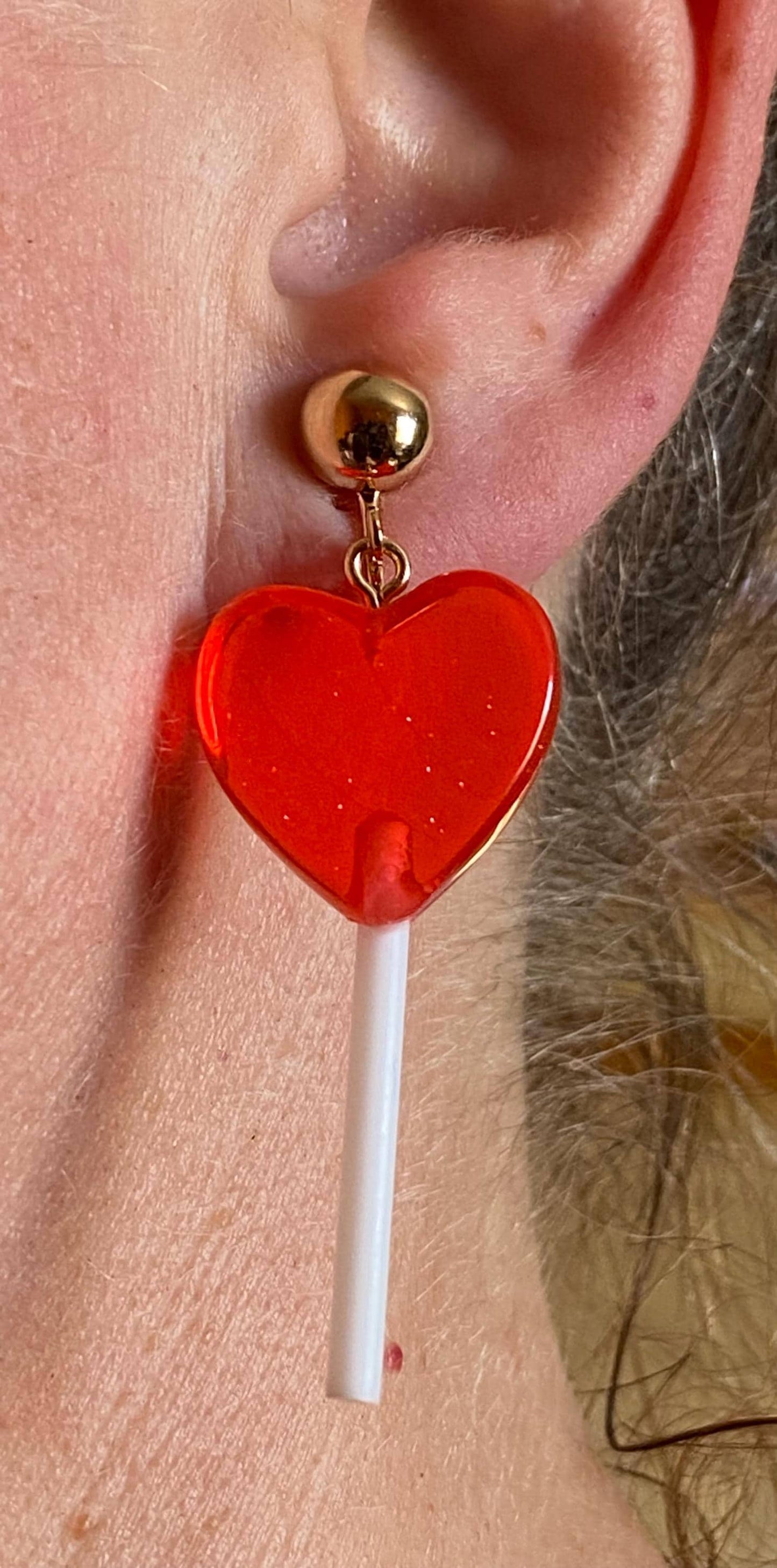 Dangling lollipop clip on earrings,  plastic heart  lollipop earrings with hinged screwback closures.