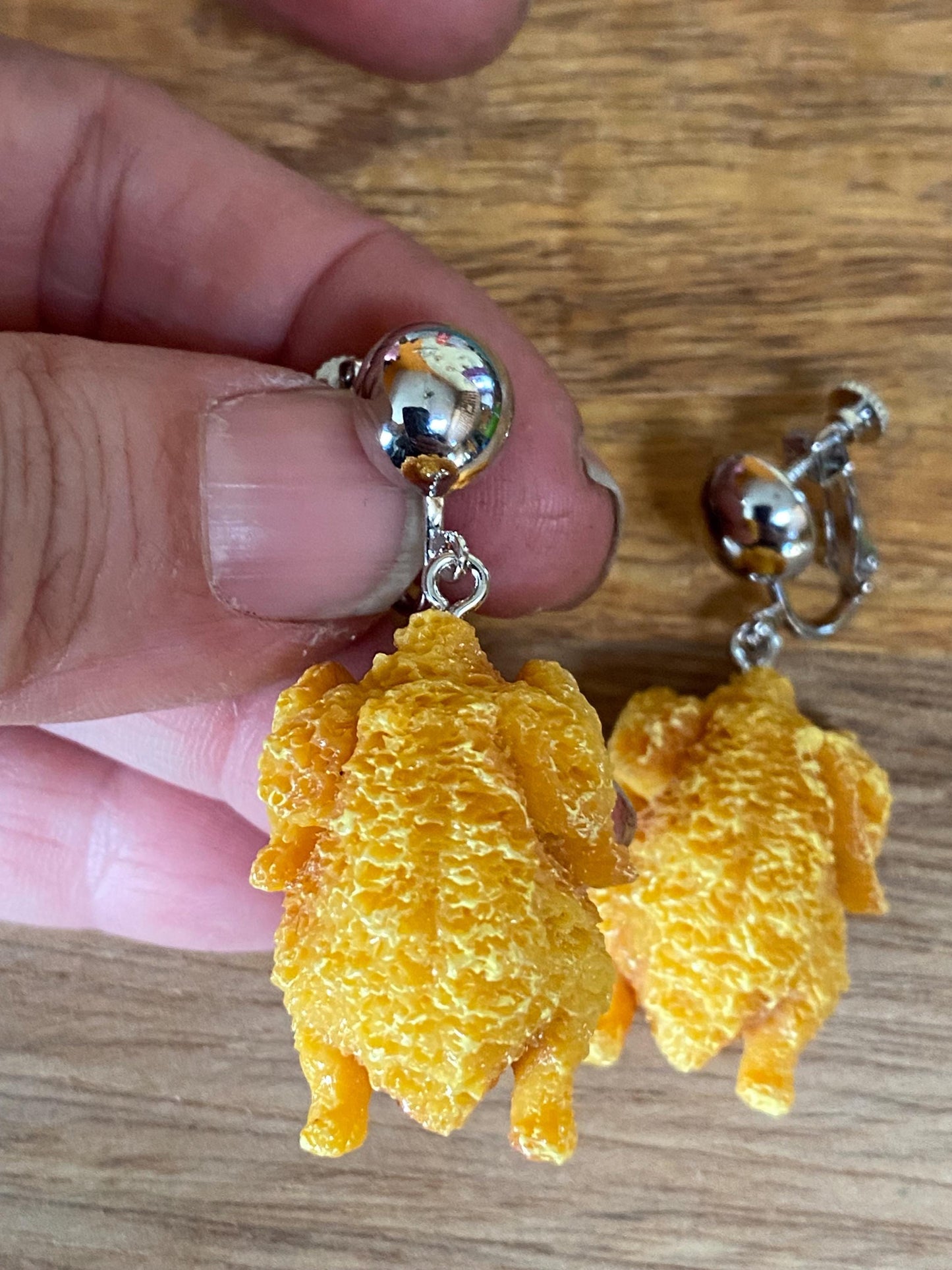 Dangling fried chicken clip on earrings plastic food earrings