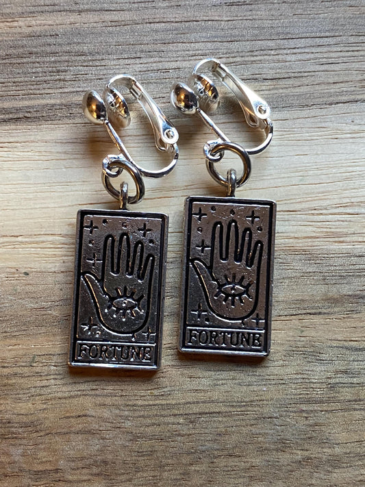 Silver Tarot card clip on earrings, spiritualist earrings, Halloween earrings, fortune telling clip ons