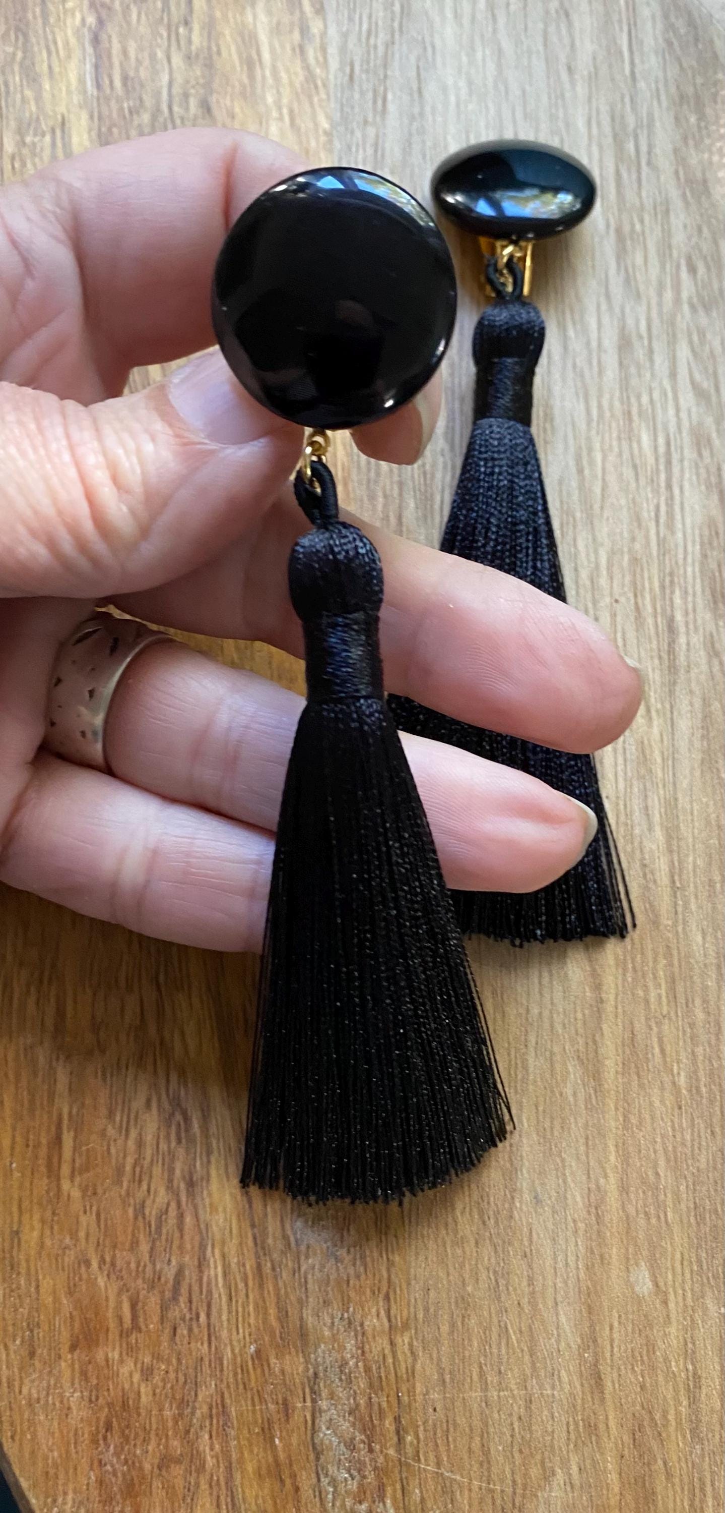 Clip on luxurious tassel earrings, long elegant ear clips