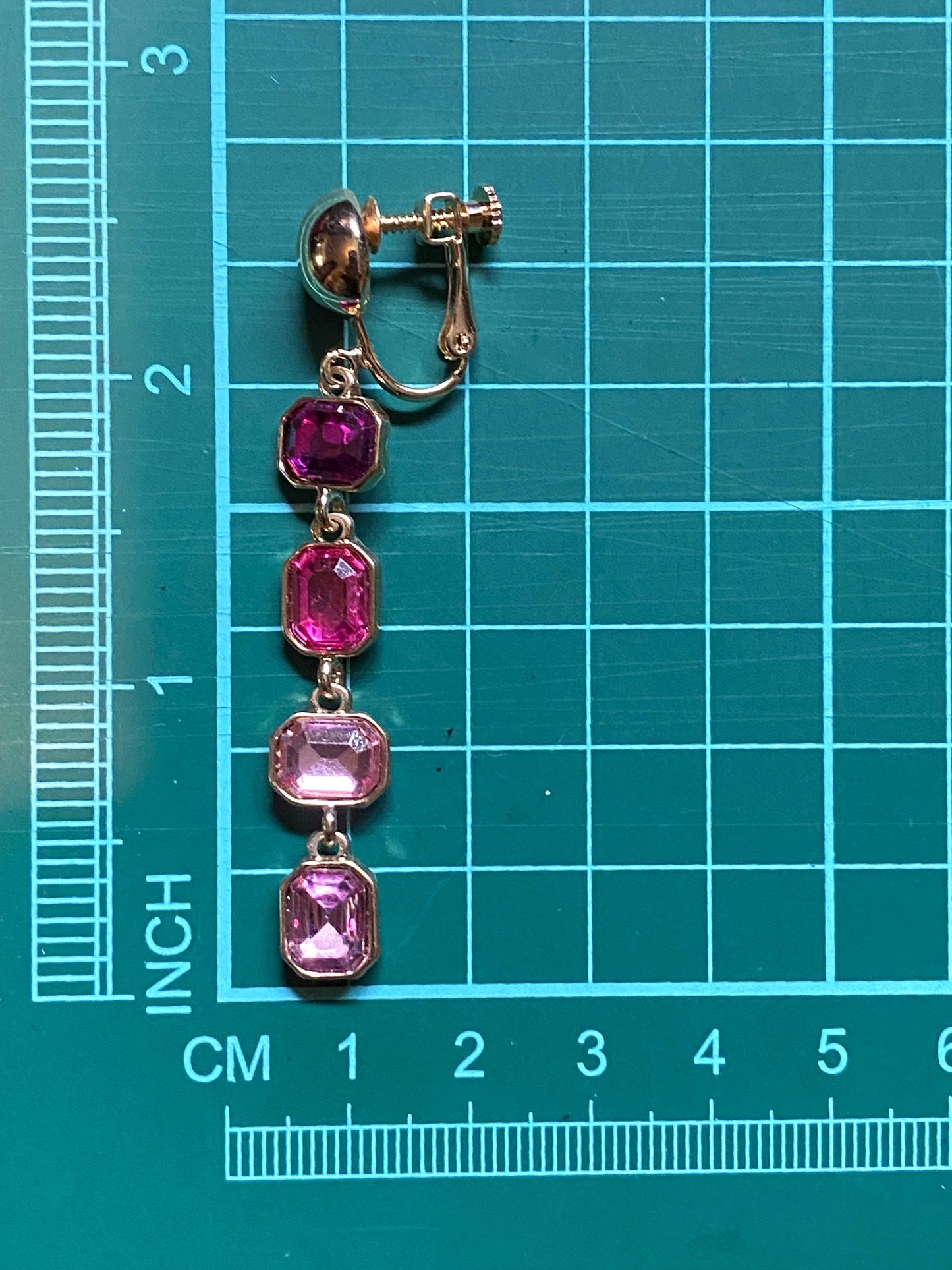 Dangling geometric pink clip on rhinestone earrings, earrings with hinge screwback closures