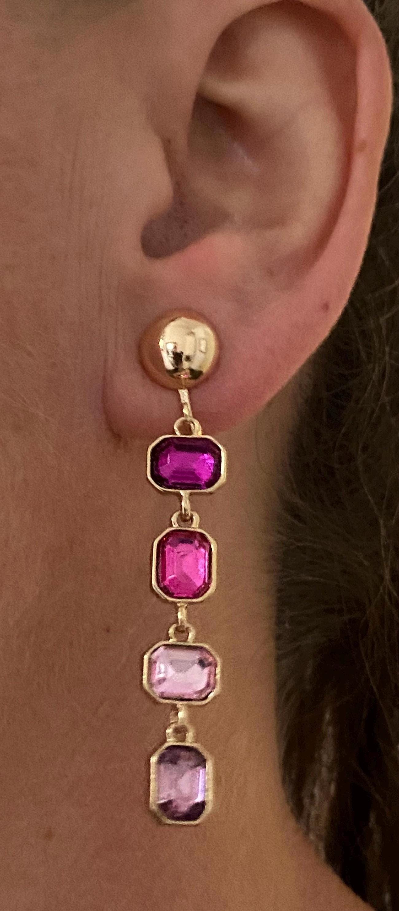 Dangling geometric pink clip on rhinestone earrings, earrings with hinge screwback closures