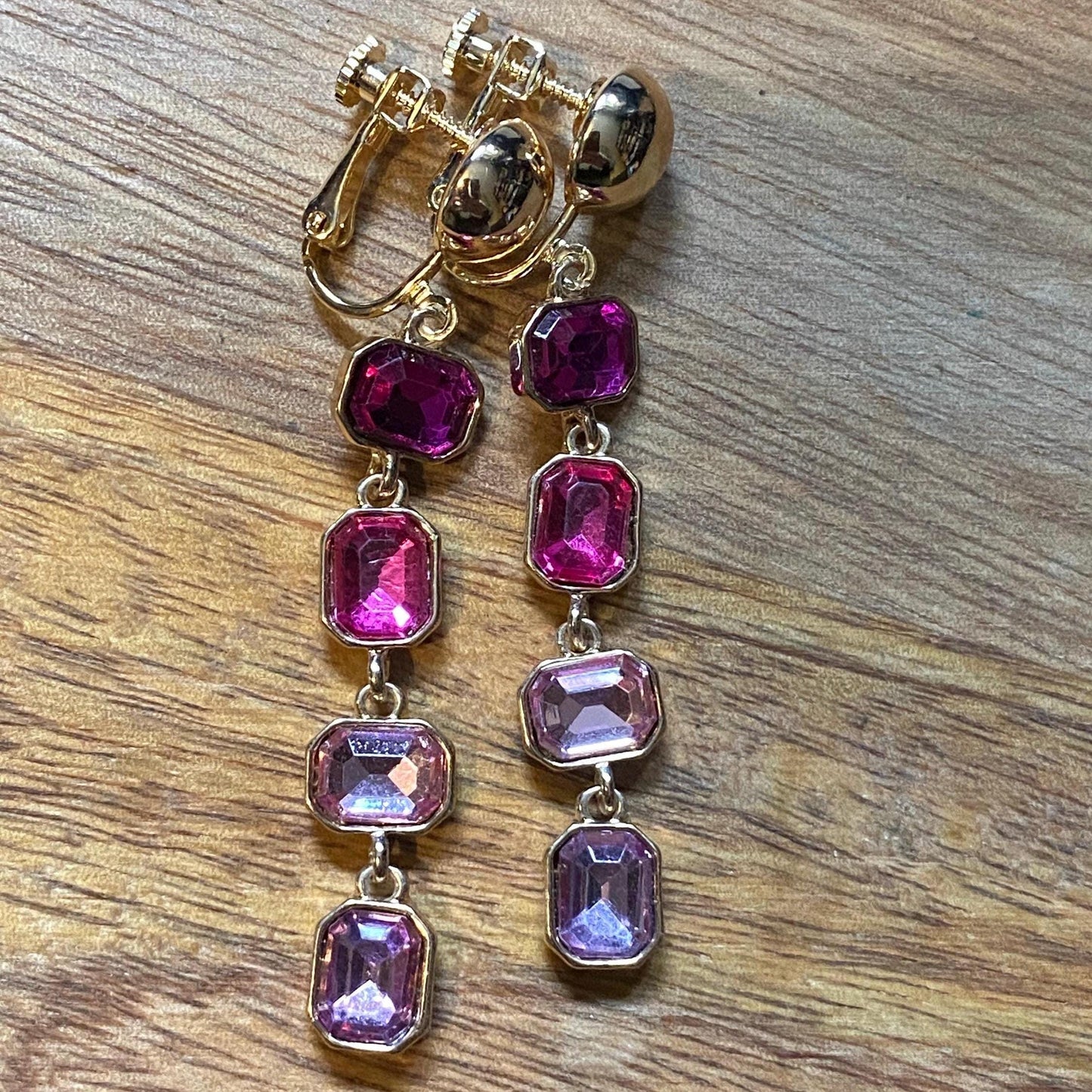 Dangling geometric pink clip on rhinestone earrings, earrings with hinge screwback closures