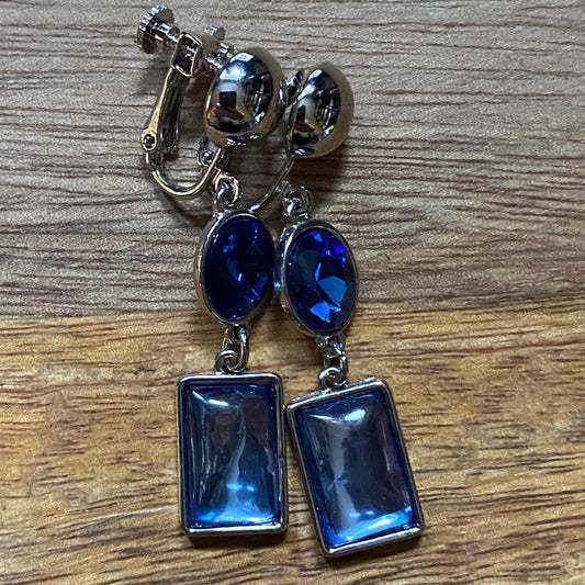 Dangling geometric blue clip on rhinestone earrings, glass earrings with hinge screwback closures