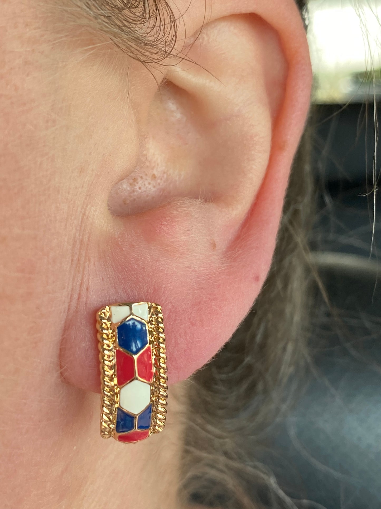 Vintage TJG gold, red white and blue clip on earrings with