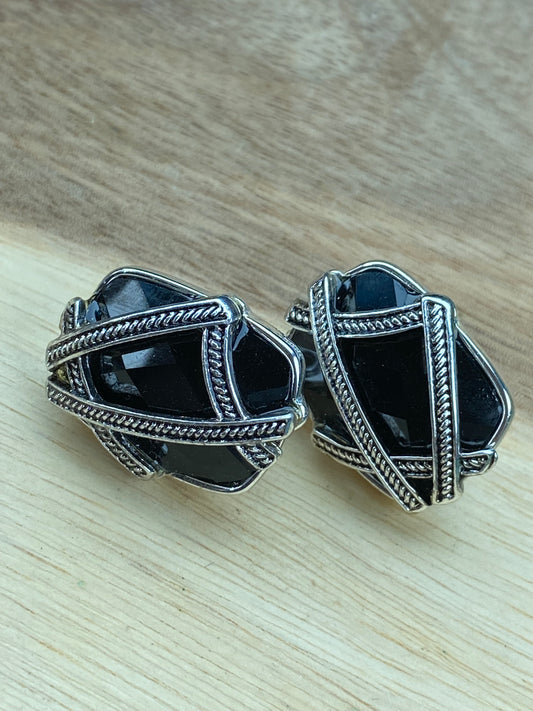 Vintage Napier silver and black clip on button earrings with