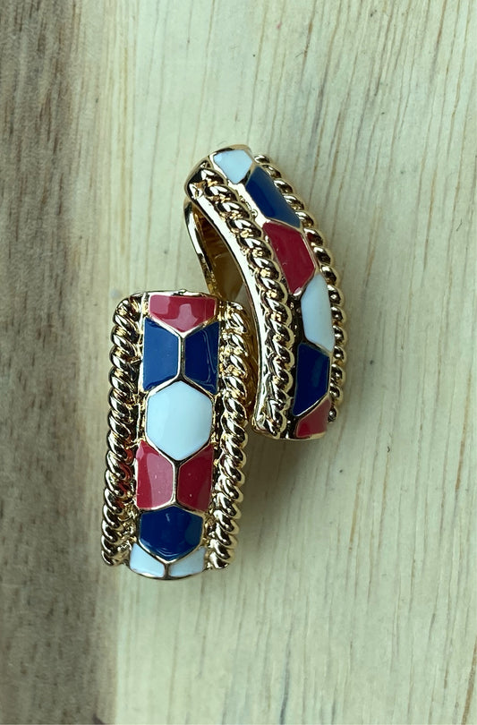 Vintage TJG gold, red white and blue clip on earrings with