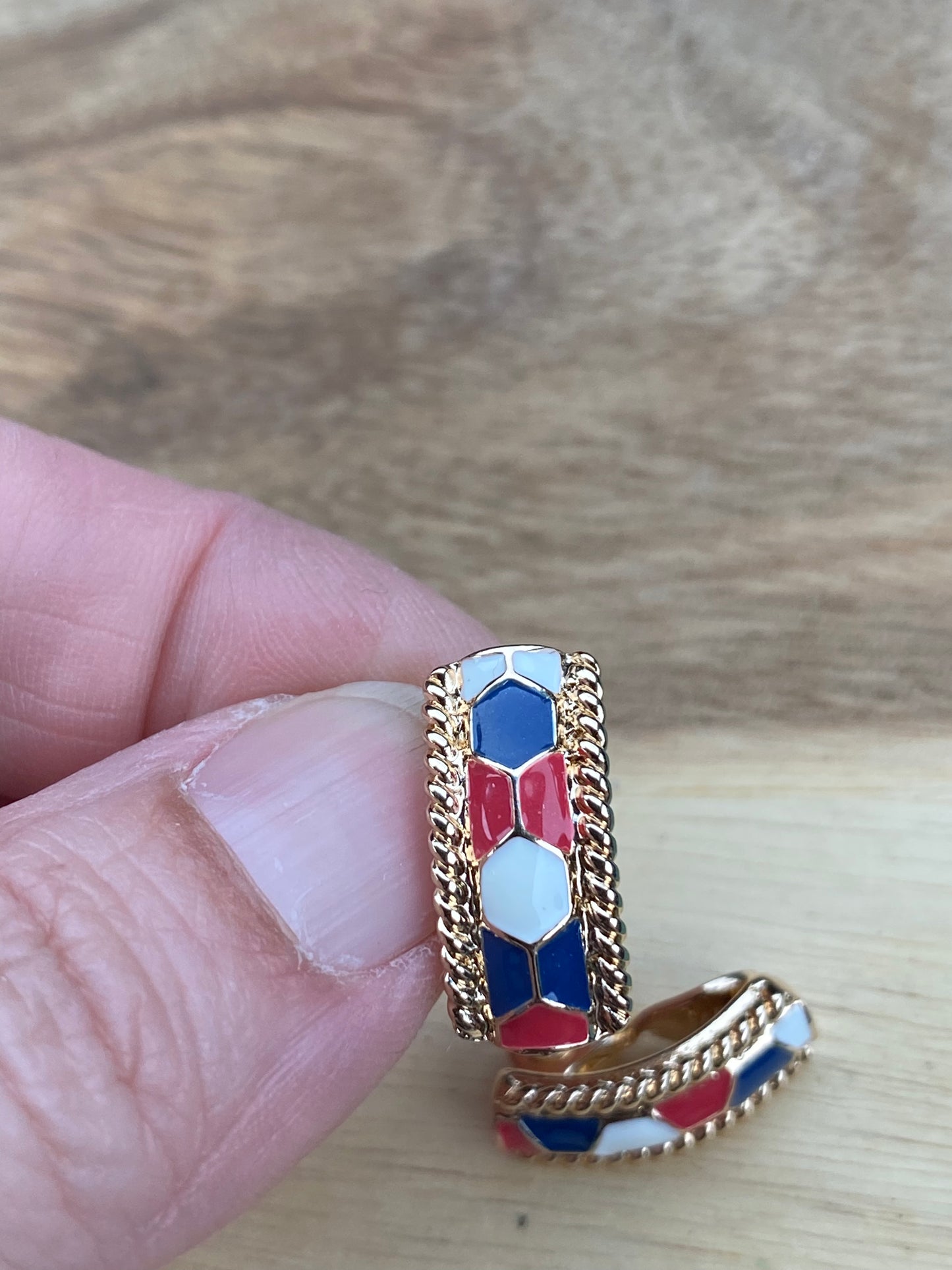 Vintage TJG gold, red white and blue clip on earrings with