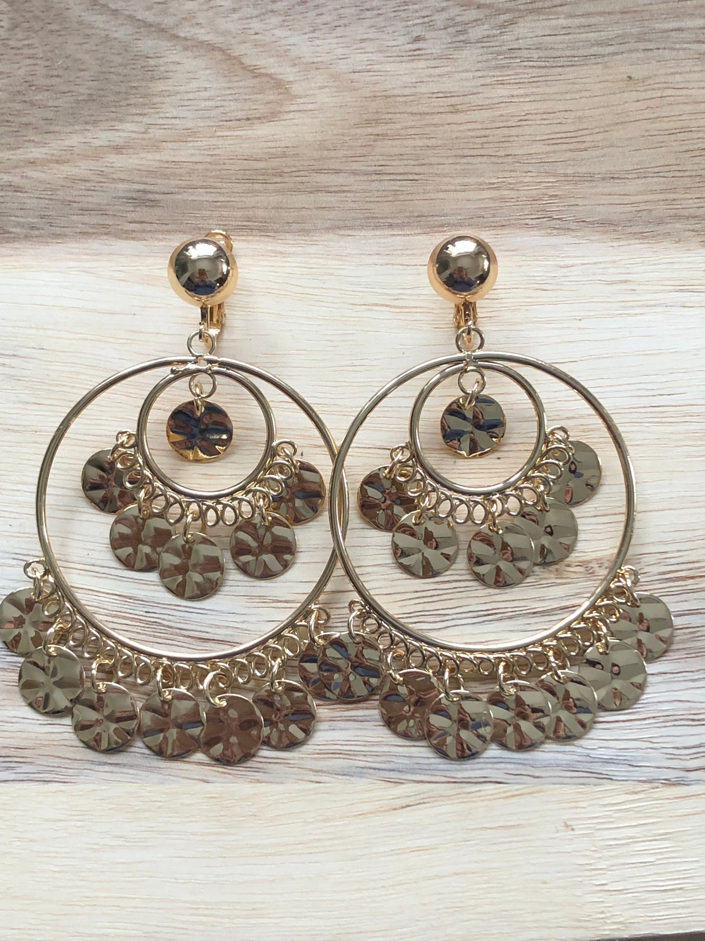 Boho Golden Dangling hoop clip on earrings